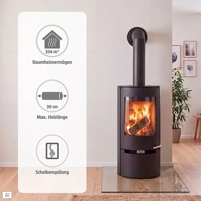 Aduro Kaminofen 9-1 - 8 kW, Raumheizvermögen: 334 m³, Material Verkleidung: Stahl, Schwarz - Schwarzer Kaminofen mit sichtbaren Flammen, 334 m³ Heizleistung, max. Holzlänge 39 cm und Scheibenspülung.