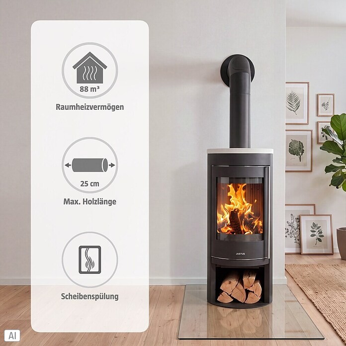 Justus Kaminofen Mino 2.0 (5 kW, Raumheizvermögen: 88 m³, Material Abdeckung: Keramik, Schwarz/Weiß)