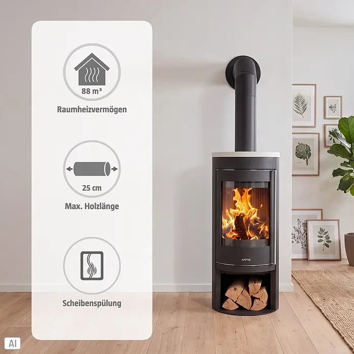 Justus Kaminofen Mino 2.0 - 5,5 kW, Raumheizvermögen: 88 m³, Farbe Verkleidung: Seidenweiß, Schwarz - Schwarzer Kaminofen mit Feuer und Holzscheiten darunter, in modernem Wohnzimmer. Infografik zeigt 88m³ Heizleistung, 25cm max. Holzlänge, Scheibenspülung.