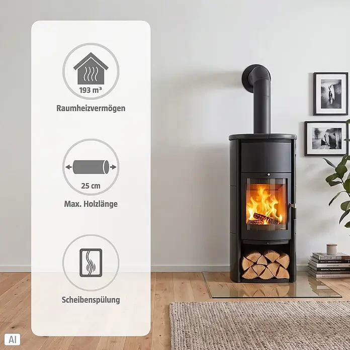 Hark Kaminofen Keno ECOplus - 7 kW, Raumheizvermögen: 193 m³, Material Verkleidung: Keramik, Meteor-Schwarz - Schwarzer Holzofen in einem modernen Raum, mit brennendem Feuer, Holzablage und Info-Overlay zu Heizleistung und max. Scheitlänge.