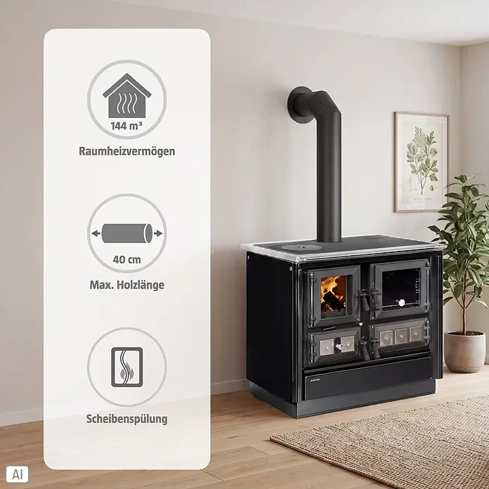 Justus Küchenherd Rustico-90 2.0 - 7 kW, Raumheizvermögen: 144 m³, Backofen rechts, Schwarz - Schwarzer Holzherd mit Ofen und Kochplatte in einem Wohnraum; Infografik zeigt Heizleistung und max. Holzlänge.