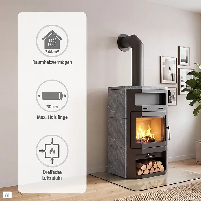 Kaminofen Bali Max - 8,5 kW, Raumheizvermögen: 244 m³, Verkleidung: Naturstein, Grau - Moderner Kaminofen aus dunklem Stein und Metall mit brennendem Feuer und Holzscheiten, in einem Wohnzimmer.