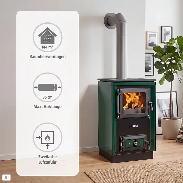 Justus Küchenherd Rustico-50 2.0 - 7 kW, Raumheizvermögen: 144 m³, Grün - Grüner Kaminofen mit brennendem Holz, zeigt 144 m³ Heizleistung, max. Holzlänge 35 cm und zweifache Luftzufuhr.