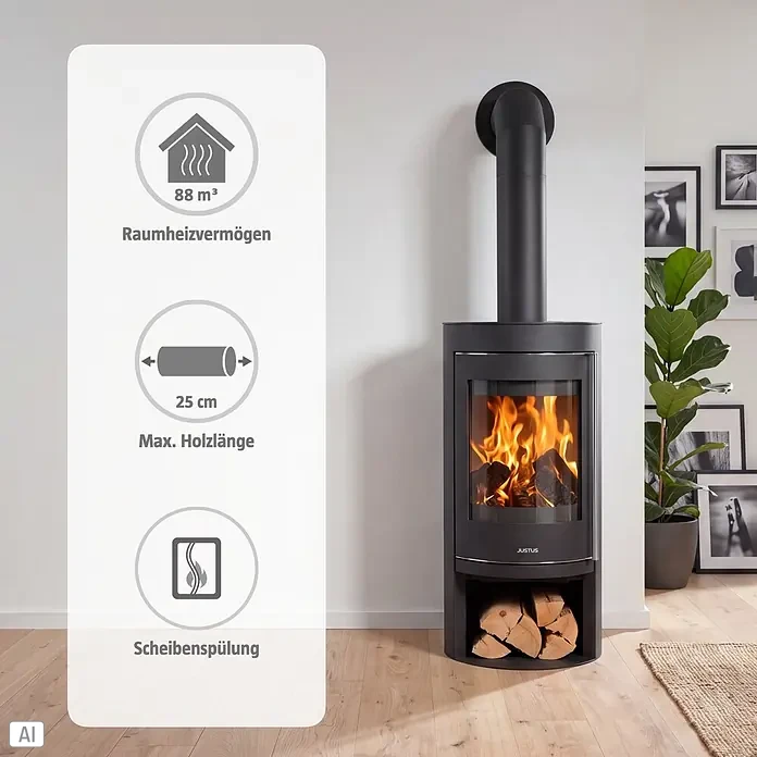 Justus Kaminofen Mino 2.0 - 5,5 kW, Raumheizvermögen: 88 m³, Farbe Verkleidung: Schwarz, Schwarz - Schwarzer Holzofen mit Glastür, sichtbaren Flammen und Holzlager, mit Rauchrohr, in einem modernen Raum.