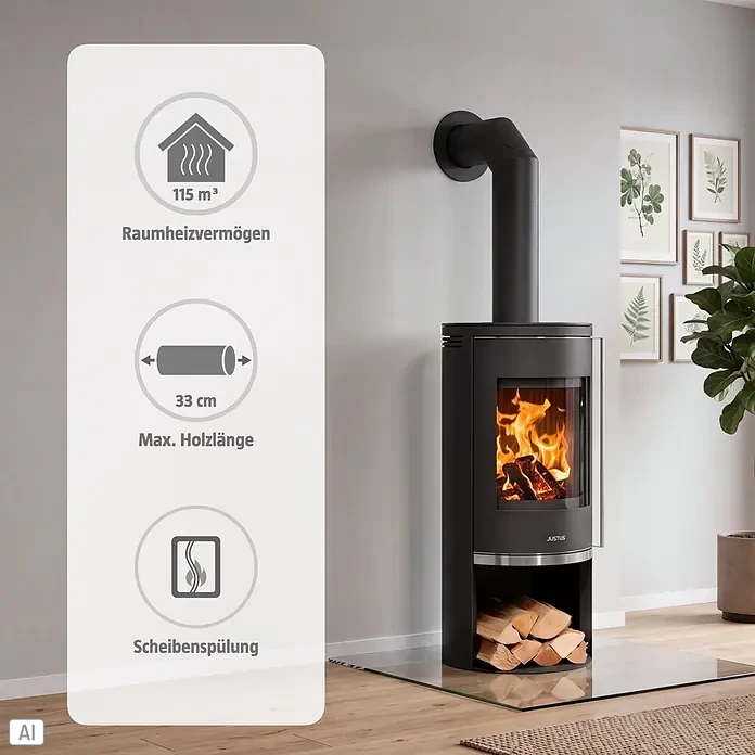 Justus Kaminofen Faro 2.0 - 6 kW, Raumheizvermögen: 115 m³, Verkleidung: Stahl, Schwarz - Schwarzer Kaminofen mit brennendem Feuer, integriertem Holzlager und schwarzem Rauchrohr in modernem Raum, zeigt Heizleistung und max. Holzlänge.