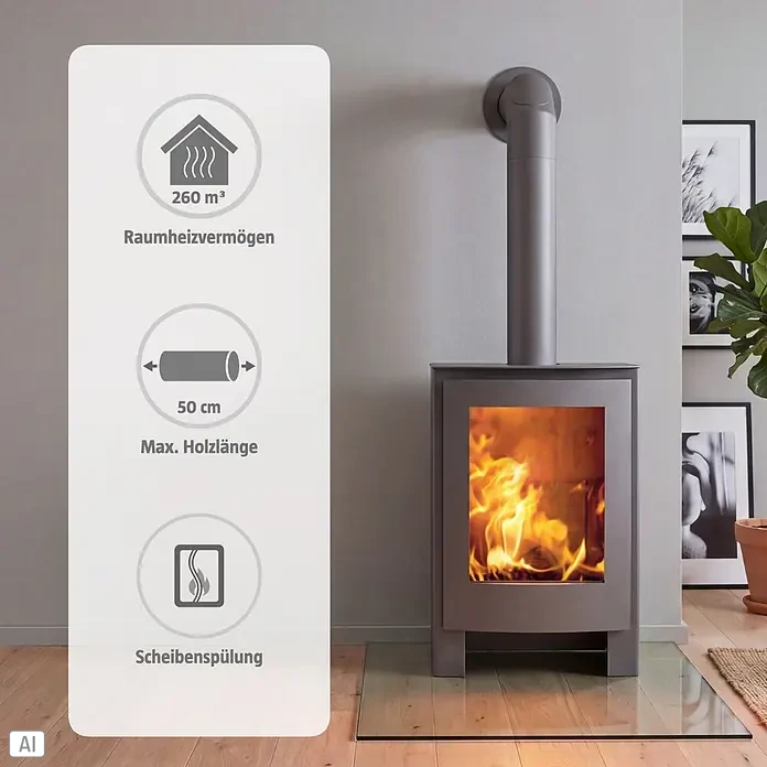 Panadero Kaminofen NEVADA - 8,7 kW, Raumheizvermögen: 260 m³, Schwarz Metallic - Moderner, dunkelgrauer Kaminofen mit aktiver Flamme, der ein Raumheizvermögen von 260 m³, eine maximale Holzlänge von 50 cm und Scheibenspülung bietet.