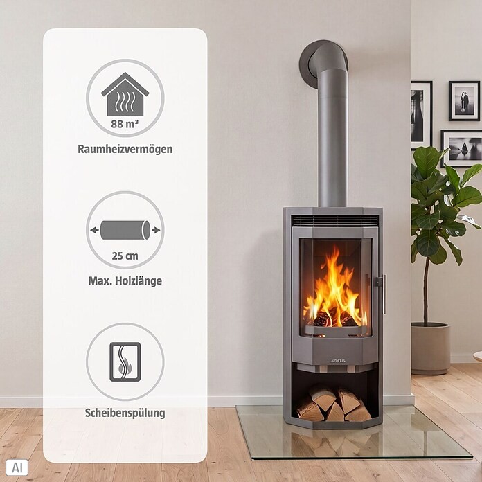 Justus Kaminofen Usedom 5 II (5 kW, Raumheizvermögen: 88 m³, Verkleidung: Stahl, Gussgrau)