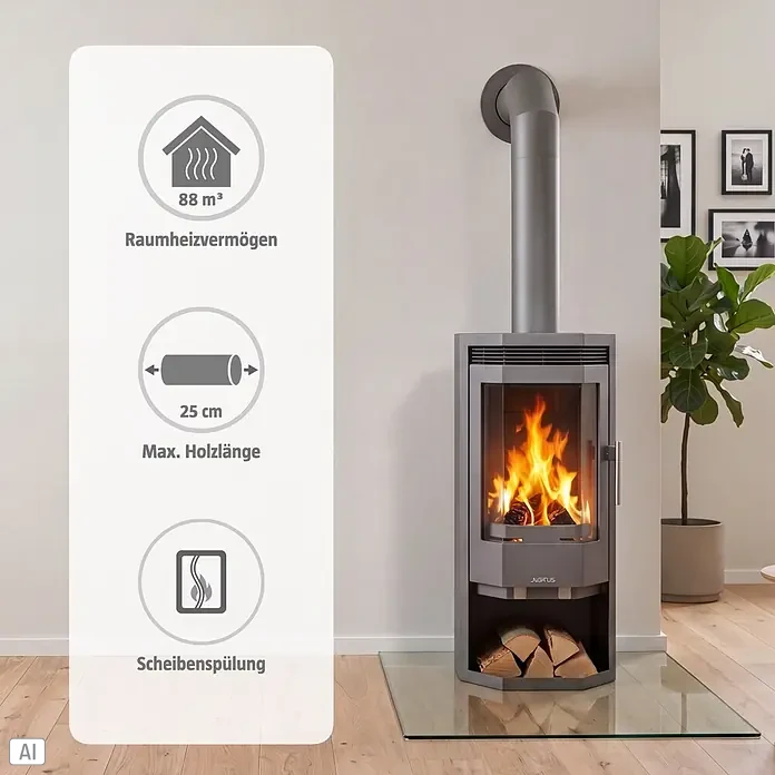 Justus Kaminofen Usedom 5 II - 5,5 kW, Raumheizvermögen: 88 m³, Material Verkleidung: Stahl, Gussgrau - Grauer Kaminofen mit brennendem Feuer und Holzvorrat, zeigt Raumheizvermögen (88 m³), max. Holzlänge (25 cm) und Scheibenspülung.