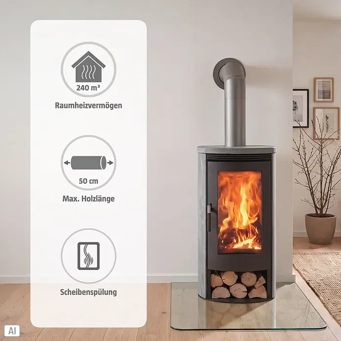 Panadero Kaminofen Baia Soap Ecodesign - 8 kW, Raumheizvermögen: 240 m³, Material Verkleidung: Stahl, Schwarz Metallic, Wirkungsgrad: 80,7 % - Grauer Kaminofen mit brennendem Feuer, Holzvorrat. Heizt 240 m³, für 50 cm Holz, mit Scheibenspülung.