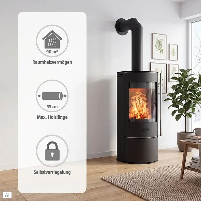 Fireplace Kaminofen Rondale - 5,5 kW, Raumheizvermögen: 90 m³, Material Verkleidung: Stahl, Schwarz - Moderner schwarzer Kaminofen mit sichtbaren Flammen im Wohnzimmer, Heizvermögen bis 90 m³, max. Holzlänge 33 cm, mit Selbstverriegelung.