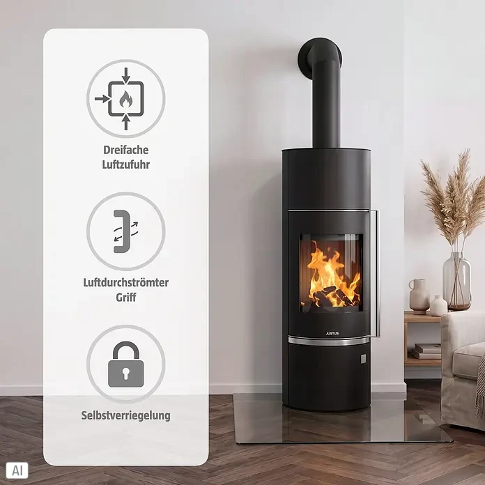 Justus Kaminofen Faro Aqua 2.0 - 8,5 kW, Raumheizvermögen: 200 m³, Material Verkleidung: Stahl, Schwarz, Zeitbrand - Schwarzer Kaminofen mit brennendem Feuer in modernem Wohnzimmer mit Blick auf eine verschneite Landschaft. Produktmerkmale sind in einer Überlagerung aufgeführt.