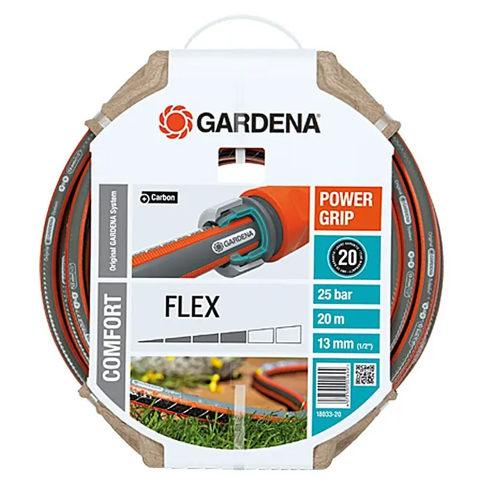 Gardena Comfort Flex Gartenschlauch - Länge: 20 m, Schlauchdurchmesser: 13 mm, Berstdruck: 25 bar - Eine GARDENA Comfort FLEX Gartenschlauch-Verpackung, die die Eigenschaften des Schlauchs wie Power Grip und Flexibilität hervorhebt.