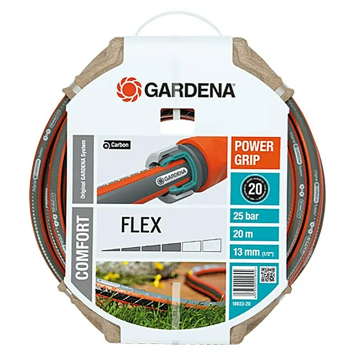 Gardena Comfort Flex Gartenschlauch - Länge: 20 m, Schlauchdurchmesser: 13 mm, Berstdruck: 25 bar - Eine GARDENA Comfort FLEX Gartenschlauch-Verpackung, die die Eigenschaften des Schlauchs wie Power Grip und Flexibilität hervorhebt.