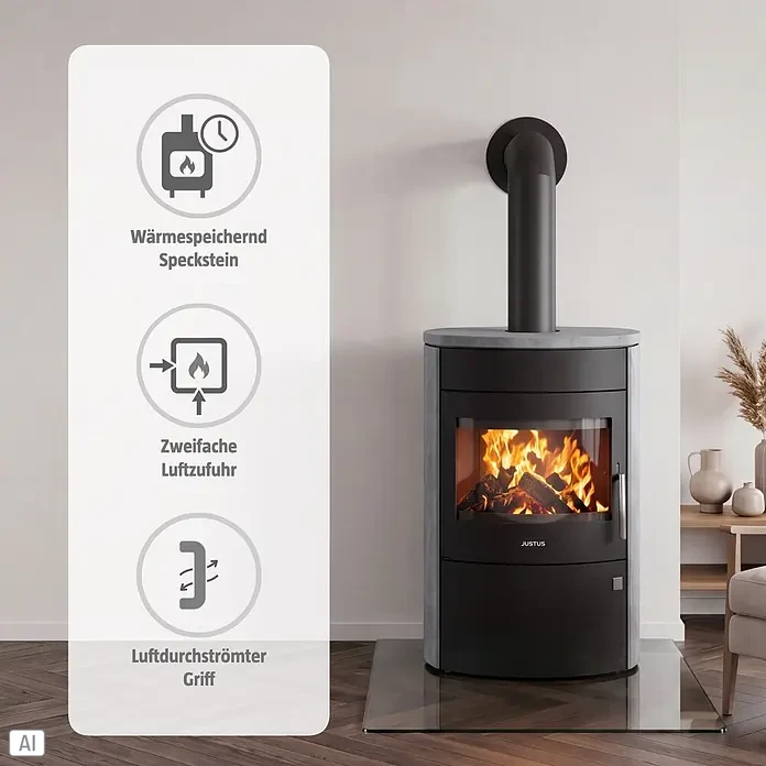 Justus Kaminofen Agero 2.0 - 7 kW, Raumheizvermögen: 144 m³, Material Verkleidung: Speckstein, Schwarz - Schwarz-grauer Kaminofen mit Feuer und Icons für wärmespeichernden Speckstein, zweifache Luftzufuhr und luftdurchströmten Griff, in einem Wohnzimmer.