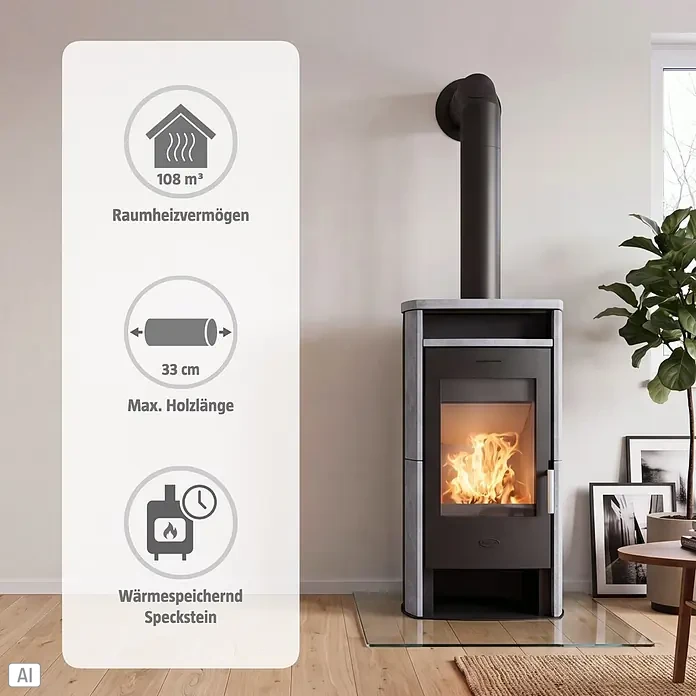 Kaminofen Santa Fe - 6 kW, Raumheizvermögen: 108 m³, Material Verkleidung: Speckstein, Schwarz - Dunkelgrauer Kaminofen mit hellgrauer Specksteinverkleidung, mit brennendem Feuer, zur Raumheizung.