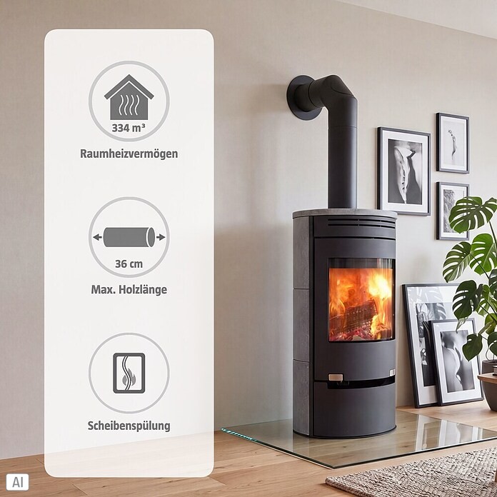 Aduro Kaminofen 1-1 SK (6 kW, Raumheizvermögen: 334 m³, Verkleidung: Speckstein, Schwarz)