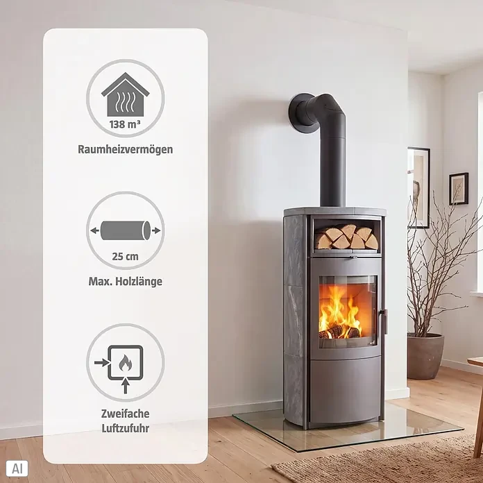 Hark Kaminofen Nika ECOplus - 5 kW, Raumheizvermögen: 138 m³, Grau - Dunkelgrauer Kaminofen mit Glasfront, brennendem Holz und Infoboxen: 138 m³ Raumheizvermögen, max. Holzlänge 25 cm, zweifache Luftzufuhr.
