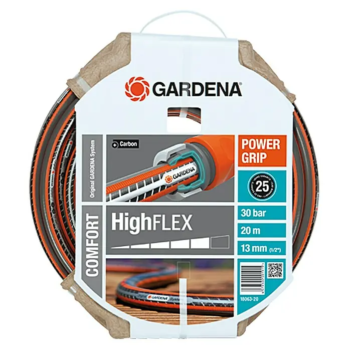 Gardena Schlauch Comfort High Flex - Länge: 20 m, Schlauchdurchmesser: 13 mm, Berstdruck: 30 bar - Abbildung eines Comfort HighFLEX-Gartenschlauchs von Gardena, der für seine Flexibilität und Haltbarkeit bekannt ist. Ideal für die Gartenbewässerung.