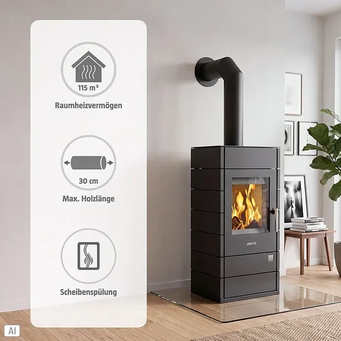 Justus Kaminofen Tova - 6 kW, Raumheizvermögen: 115 m³, Material Verkleidung: Stahl, Schwarz - Moderner dunkelgrauer Kaminofen mit brennendem Feuer im hellen Raum; Infografik zeigt 115m³ Heizleistung und 30cm Holzlänge.