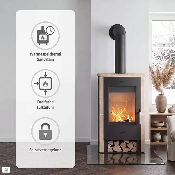 Fireplace Kaminofen Brasil - 6 kW, Raumheizvermögen: 108 m³, Material Verkleidung: Sandstein, Schwarz - Moderner Holzofen mit Holzrahmen und schwarzem Metall, zeigt Feuer. Mit Wärmespeicher, dreifacher Luftzufuhr und Selbstverriegelung.