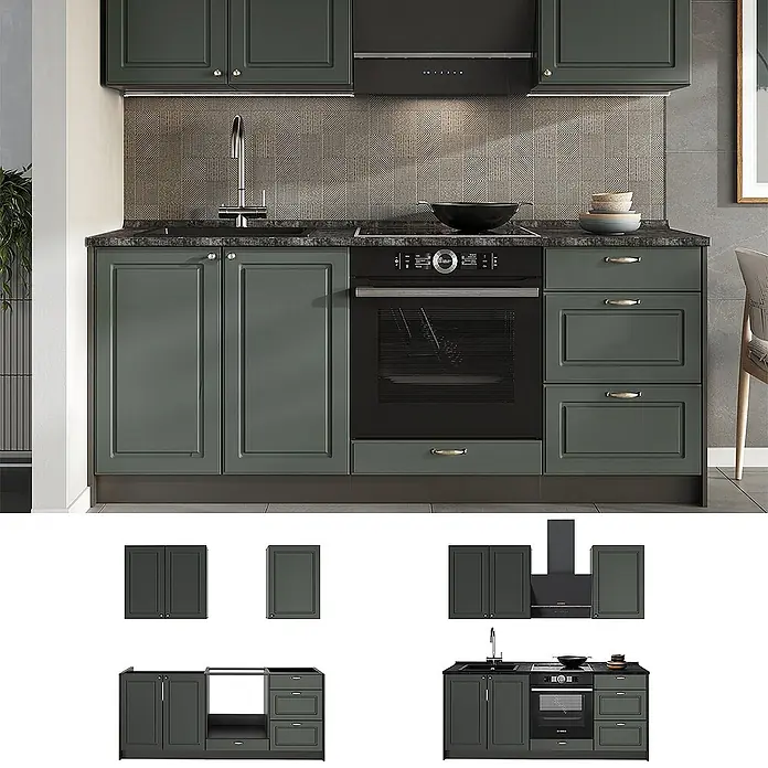 Vicco Singleküche - Breite: 190 cm, Grün-Gold Landhaus, Ohne AP - Dunkelgrüne Küchenschrank-Garnitur mit schwarzer Arbeitsplatte, integrierter Spüle, Backofen, Kochfeld und Dunstabzugshaube, in moderner Küche.