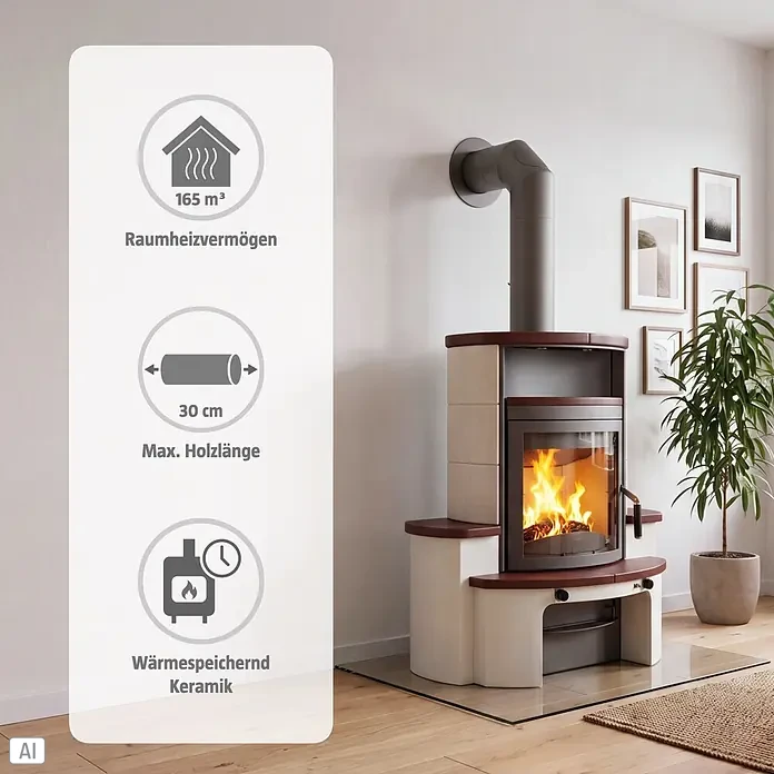 Hark Kaminofen Avenso GT ECOplus - 6 kW, Raumheizvermögen: 165 m³, Material Verkleidung: Keramik, Jola-Braun - Cremefarbener Kaminofen mit braunen Akzenten, Keramik, sichtbaren Flammen, 165 m³ Heizleistung und max. 30 cm Holzlänge.