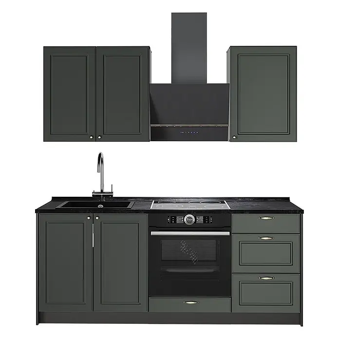 Vicco Singleküche - Breite: 190 cm, Grün-Gold Landhaus, Ohne AP - Dunkelgraue Küchenzeile mit schwarzer Arbeitsplatte, integrierter Spüle, Kochfeld, Backofen, Dunstabzugshaube, Ober- und Unterschränken.