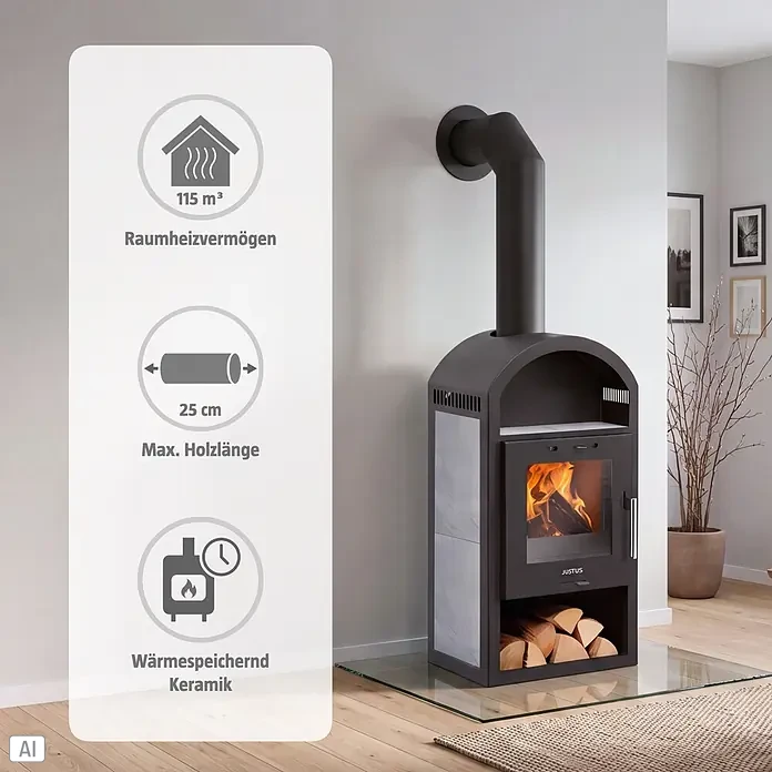 Justus Kaminofen Vegas V - 6 kW, Raumheizvermögen: 115 m³, Material Verkleidung: Keramik, Schwarz - Dunkelgrauer Kaminofen mit brennendem Feuer, Holzfach und Infotafel, in modernem Wohnambiente.