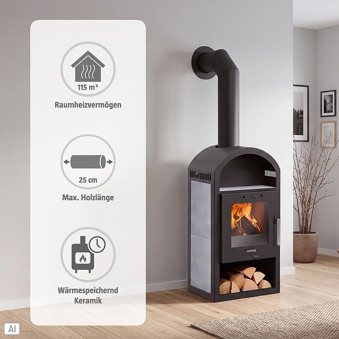 Justus Kaminofen Vegas V (6 kW, Raumheizvermögen: 115 m³, Material Verkleidung: Keramik, Schwarz/Grau) | BAUHAUS