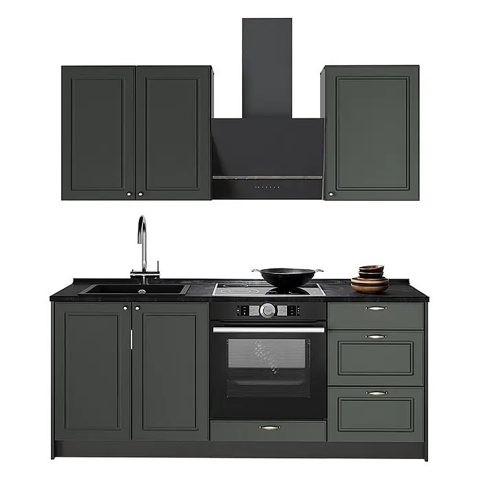 Vicco Singleküche - Breite: 190 cm, Grün-Gold Landhaus, Ohne AP - Dunkelgrüne modulare Küchenzeile mit schwarzen Geräten, Arbeitsplatte, Spüle, Kochfeld, Backofen und Dunstabzugshaube.