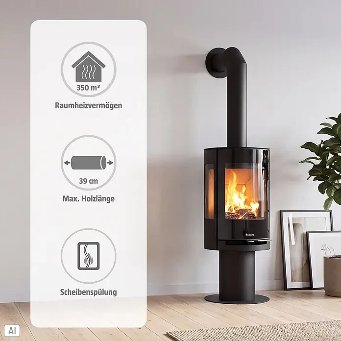 Aduro Kaminofen 9.3 Lux Air - 8 kW, Raumheizvermögen: 350 m³, Material Verkleidung: Stahl, Schwarz - Schwarzer Kaminofen mit brennendem Holz im Raum, mit 350m³ Heizleistung, 39cm max. Holzlänge und Scheibenspülung.