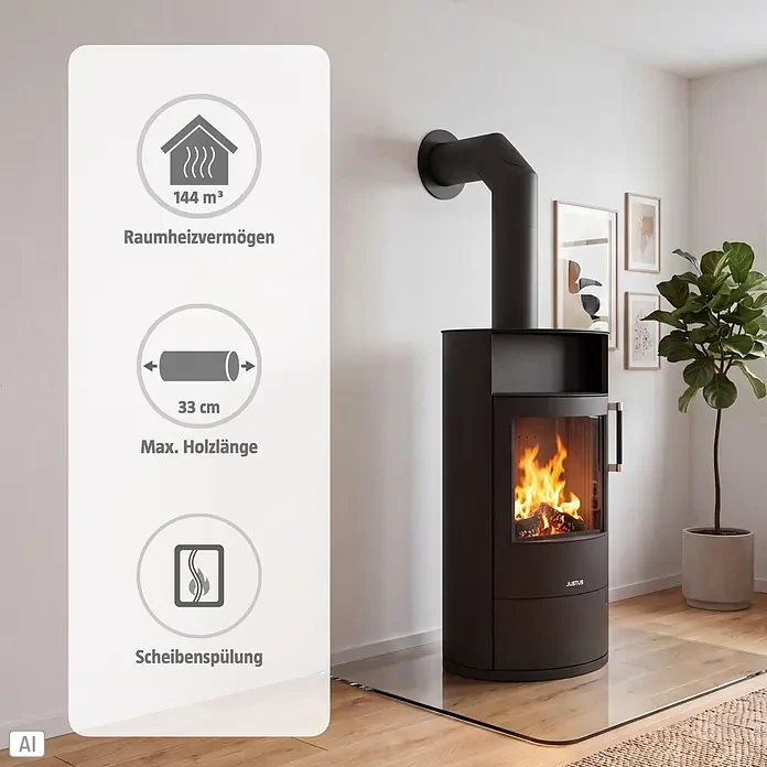 Justus Kaminofen Island 7 2.0 - 7 kW, Raumheizvermögen: 144 m³, Farbe Verkleidung: Schwarz - Moderner dunkelgrauer Kaminofen mit sichtbarem Feuer im Wohnzimmer. Eine Infografik zeigt Heizleistung und Funktionen.