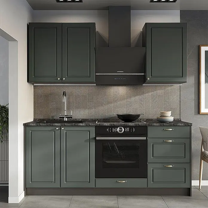 Vicco Singleküche - Breite: 190 cm, Grün-Gold Landhaus, Ohne AP - Moderne Küchenzeile mit dunkelgrünen Schränken, dunkler Arbeitsplatte und integrierten schwarzen Geräten wie Backofen und Dunstabzugshaube.