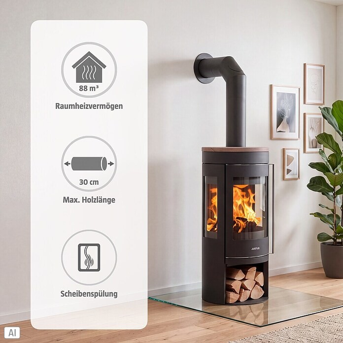 Justus Kaminofen Mino Trios 2.0 (5 kW, Raumheizvermögen: 88 m³, Material Abdeckung: Keramik, Schwarz/Braun)