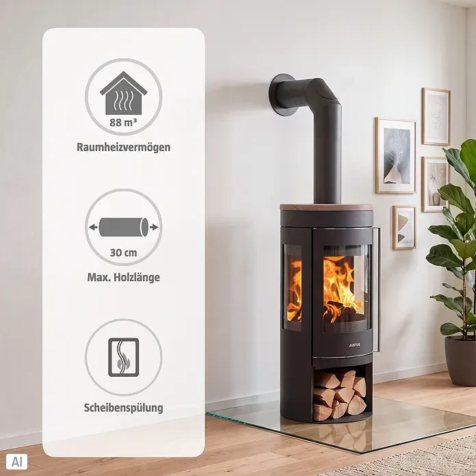 Justus Kaminofen Mino Trios 2.0 - 5,5 kW, Raumheizvermögen: 88 m³, Farbe Verkleidung: Grappa, Schwarz - Schwarzer JUSTUS Kaminofen mit Holzscheitern und Holzabdeckung. Heizt bis 88 m³, max. Holzlänge 30 cm, mit Scheibenspülung.