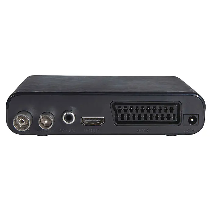 Receptor HD terrestre HD250 - L x An x Al: 7,6 x 13,2 x 3 cm, 1.080 píxeles (Full HD), HDMI - Convertidor multimedia electrónico negro con puertos de antena, coaxial, HDMI, SCART y alimentación.