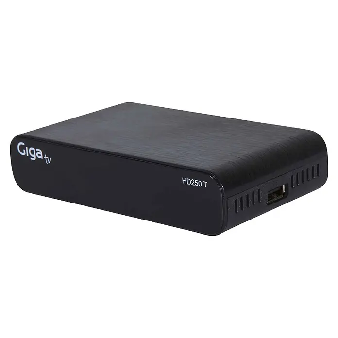 Receptor HD terrestre HD250 - L x An x Al: 7,6 x 13,2 x 3 cm, 1.080 píxeles (Full HD), HDMI - Receptor digital Giga tv HD250 T negro con tapa de metal cepillado, logotipo y puerto USB lateral.