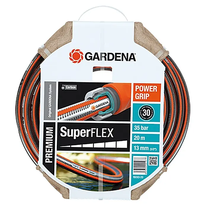 Gardena Schlauch Premium SuperFlex - Länge: 20 m, Schlauchdurchmesser: 13 mm, 35 bar - Abgebildet ist ein Gardena SuperFlex Gartenschlauch mit Power Grip, 20 m Länge, 13 mm Durchmesser und 35 bar Druck.