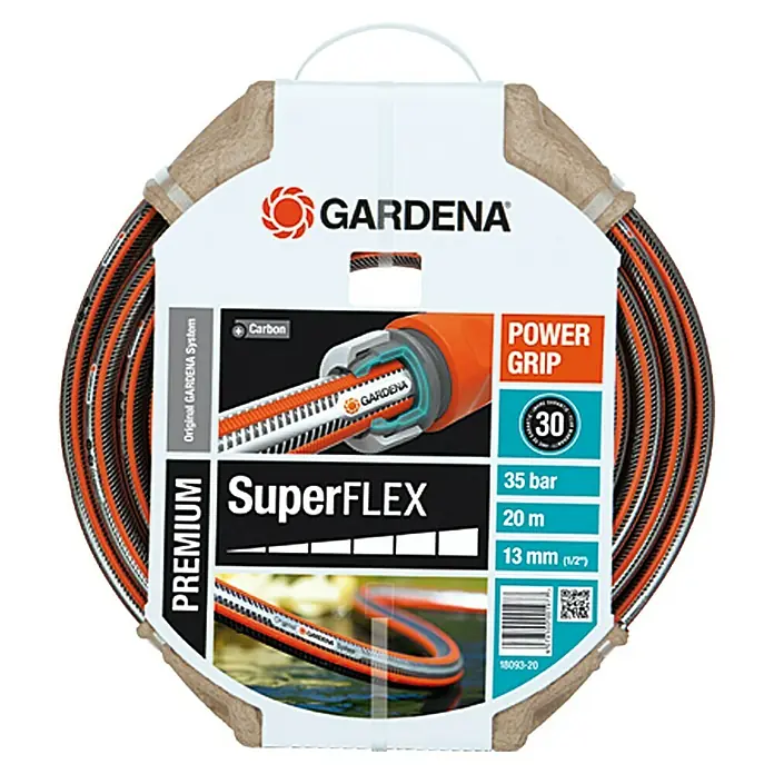 Gardena Schlauch Premium SuperFlex - Länge: 20 m, Schlauchdurchmesser: 13 mm, 35 bar - Abgebildet ist ein Gardena SuperFlex Gartenschlauch mit Power Grip, 20 m Länge, 13 mm Durchmesser und 35 bar Druck.