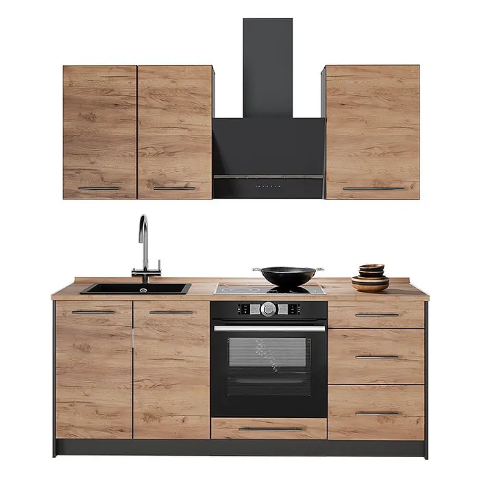 Vicco Singleküche - Breite: 190 cm, Goldkraft Eiche, Ohne AP - Moderne Küchenzeile mit Holzoptik-Schränken, schwarzer Spüle, Backofen, Kochfeld und dunkler Dunstabzugshaube.
