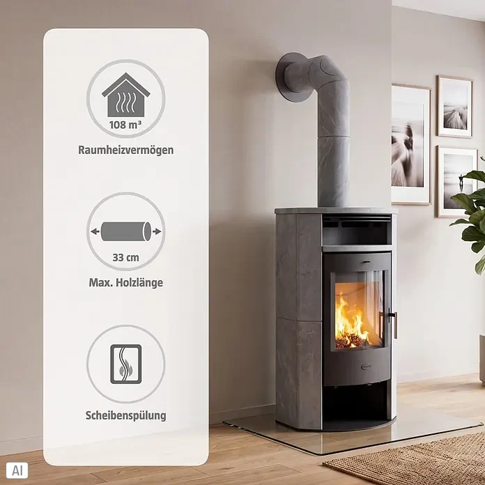 Fireplace Kaminofen Malta - 6,4 kW - 7,5 kW, Raumheizvermögen: 108 m³, Material Verkleidung: Speckstein, Schwarz - Moderner, dunkelgrauer Kaminofen mit brennendem Feuer im Wohnzimmer. Technische Details sind als Overlay sichtbar.