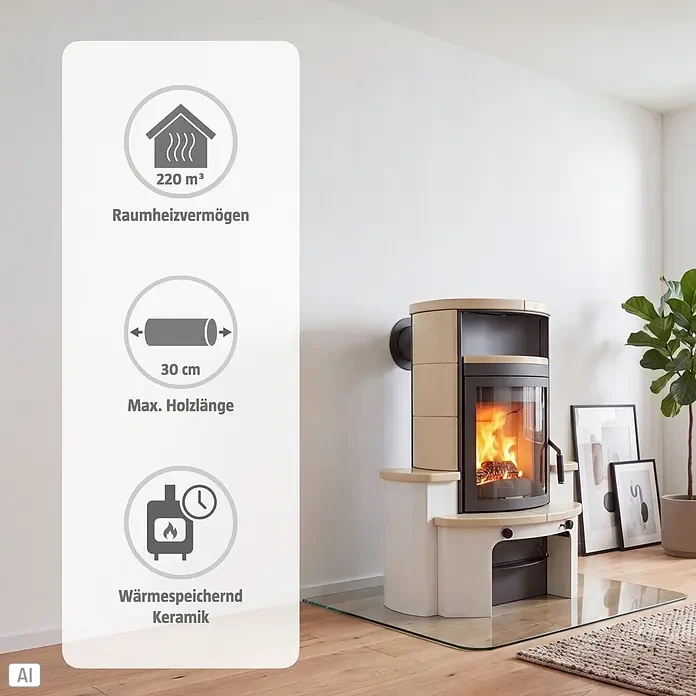 Hark Kaminofen Avenso GT ECOplus - 8 kW, Raumheizvermögen: 220 m³, Material Verkleidung: Keramik, Creme - Moderner Kaminofen aus beiger, wärmespeichernder Keramik mit dunkelgrauen Akzenten und brennendem Feuer. Zeigt 220 m³ Heizleistung & 30 cm Holzlänge.