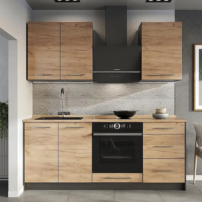 Vicco Singleküche - Breite: 190 cm, Goldkraft Eiche, Ohne AP - Moderne Küche mit hellen Holzschränken, heller Arbeitsplatte, schwarzem Spülbecken, Ofen und Dunstabzugshaube.