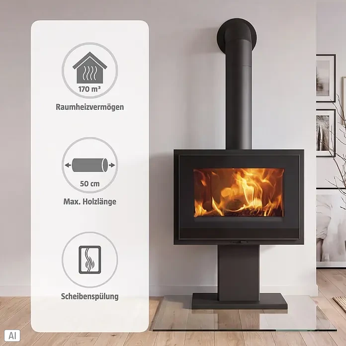 Panadero Kaminofen VERNE - 6,7 kW, Raumheizvermögen: 170 m³, Schwarz Metallic - Schwarzer Kaminofen mit brennendem Feuer, Info zu 170 m³ Heizleistung, 50 cm Holz und Scheibenspülung.