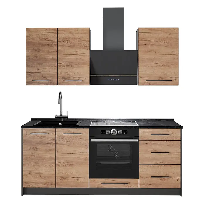 Vicco Singleküche - Breite: 190 cm, Goldkraft Eiche, Ohne AP - Moderne Küchenzeile mit Holzdekor-Schränken, schwarzer Arbeitsplatte, Spüle, Kochfeld, Ofen und Dunstabzugshaube.