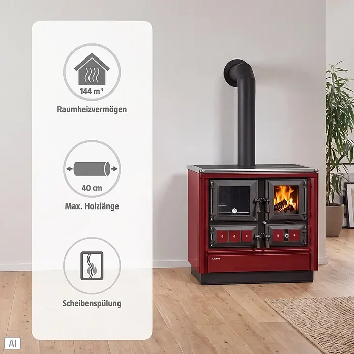 Justus Küchenherd Rustico-90 2.0 - 7 kW, Raumheizvermögen: 144 m³, Backofen links, Bordeaux - Roter Holzofen mit schwarzem Ofenrohr in modernem Raum, mit sichtbaren Flammen und Informations-Overlay.