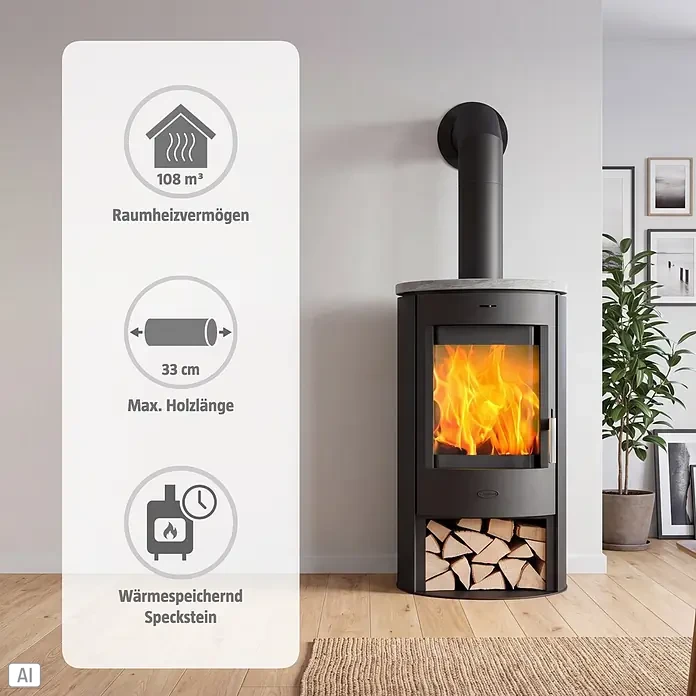 Fireplace Kaminofen Zaria - 6,6 kW, Raumheizvermögen: 108 m³, Material Verkleidung: Speckstein, Schwarz - Schwarzer Kaminofen mit Speckstein, brennendem Feuer und Holzscheiten, mit Infografiken zu Heizleistung (108 m³), max. Holzlänge (33 cm) und Wärmespeicherung.