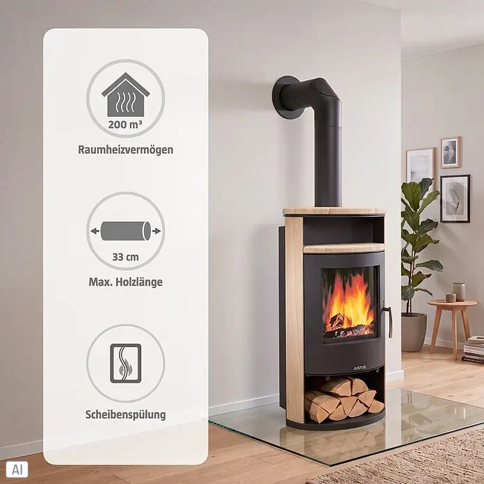 Justus Kaminofen Island Aqua - 10 kW, Raumheizvermögen: 200 m³, Material Verkleidung: Sandstein, Schwarz - Schwarzer Kaminofen mit hellen Holzverzierungen, brennendem Feuer und gestapeltem Holz, mit schwarzem Ofenrohr verbunden.