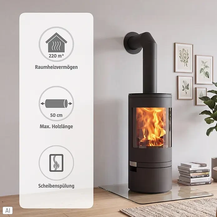 Panadero Kaminofen AKITA - 7,4 kW, Raumheizvermögen: 220 m³, Material Verkleidung: Stahl, Schwarz Metallic - Dunkelgrauer zylindrischer Kaminofen mit sichtbarer Flamme, an ein Schornsteinrohr angeschlossen in modernem Raum.