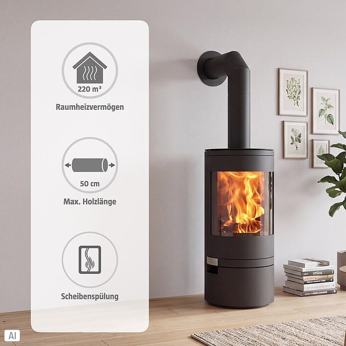 Panadero Kaminofen AKITA (7,4 kW, Raumheizvermögen: 220 m³, Material Verkleidung: Stahl, Schwarz Metallic) | BAUHAUS